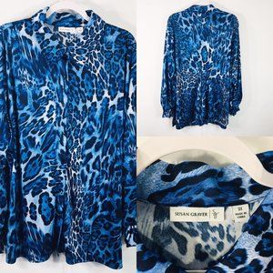 Susan Graver 3X Button Tunic Shirt Blue LS Poly